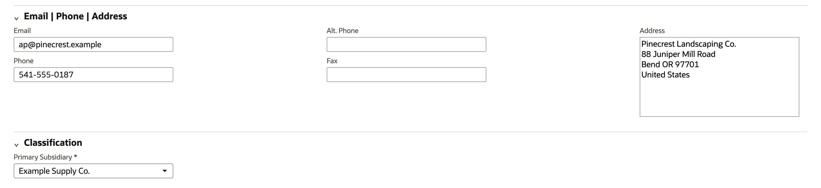 Customer record in Edit mode with the Email field showing ap@pinecrest.example, marked by a red arrow.