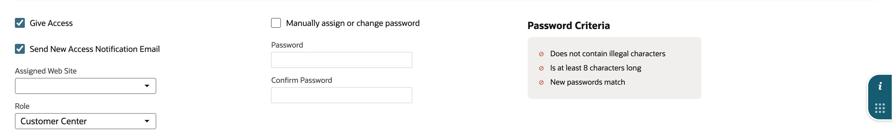 Customer Access subtab with Give Access and Send New Access Notification Email checked, Manually assign or change password cleared, and Role Customer Center.