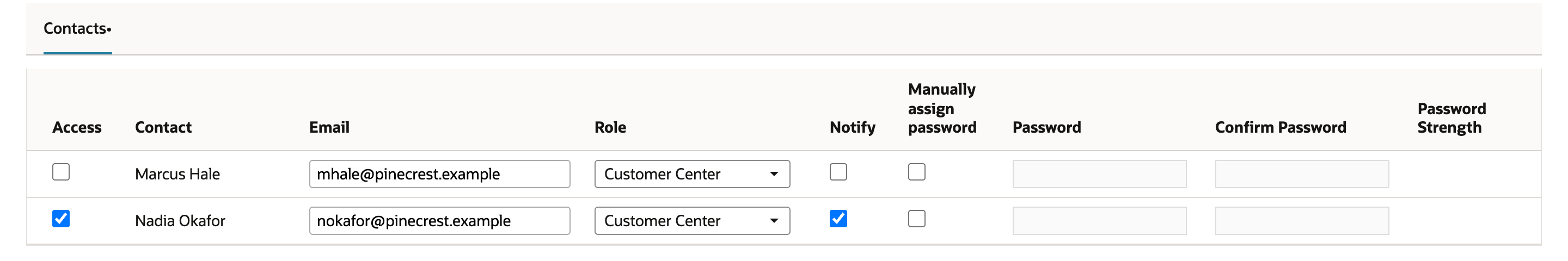 Contacts sublist on the Access subtab. Nadia Okafor has Access and Notify checked with Role Customer Center. Marcus Hale's Access and Notify are cleared.
