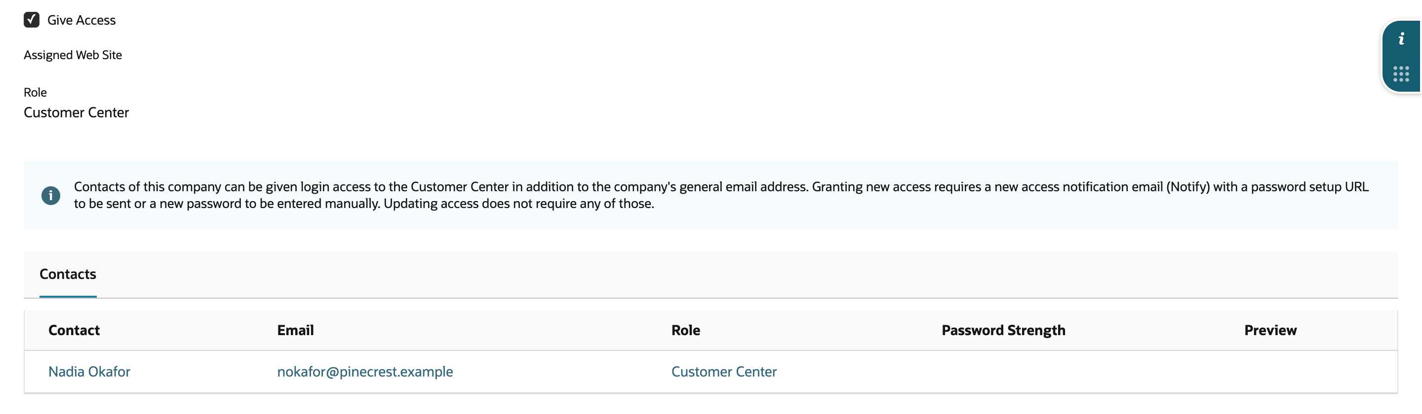 Saved customer in view mode on the Access subtab with Give Access checked, Role Customer Center, and one contact row for Nadia Okafor with nokafor@pinecrest.example.