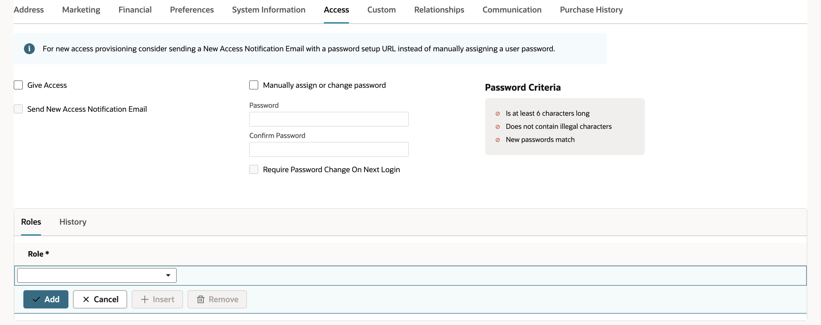 Vendor Access subtab in edit with Give Access cleared, empty password fields, Password Criteria and an empty Roles sublist
