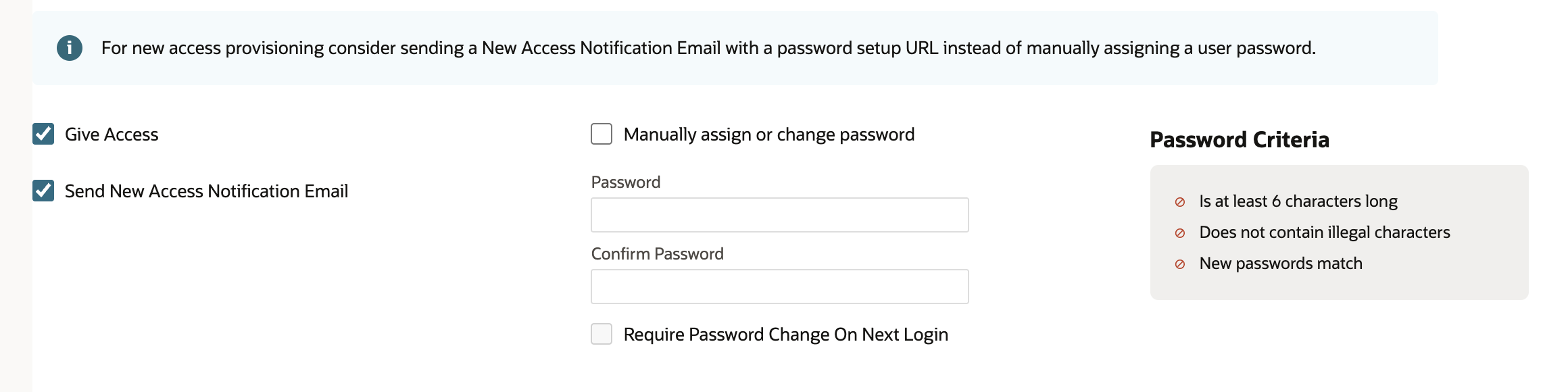 Give Access and Send New Access Notification Email checked; manual password fields empty