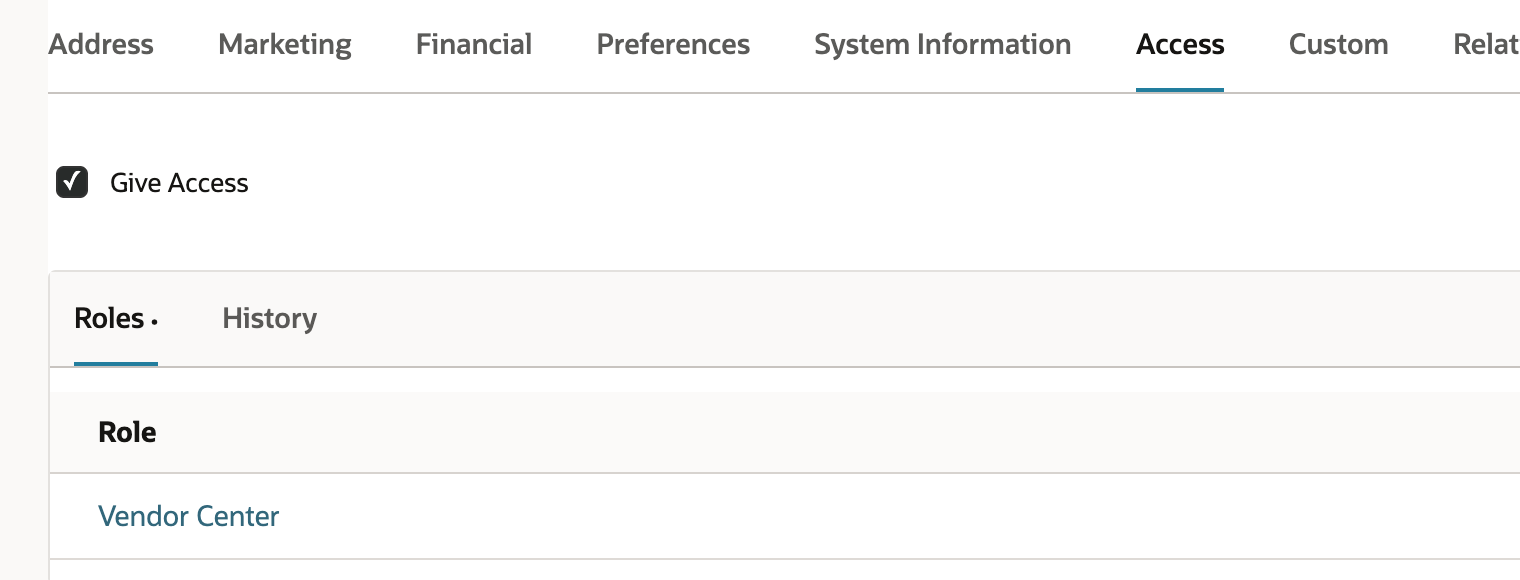 Saved vendor Access subtab showing Give Access checked and the Vendor Center role