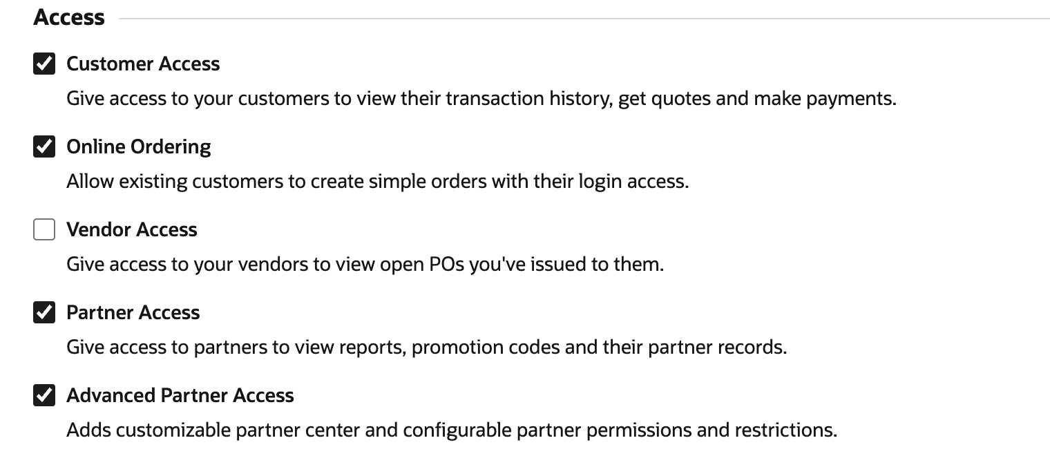 Enable Features Web Presence subtab, Access section, with Vendor Access cleared
