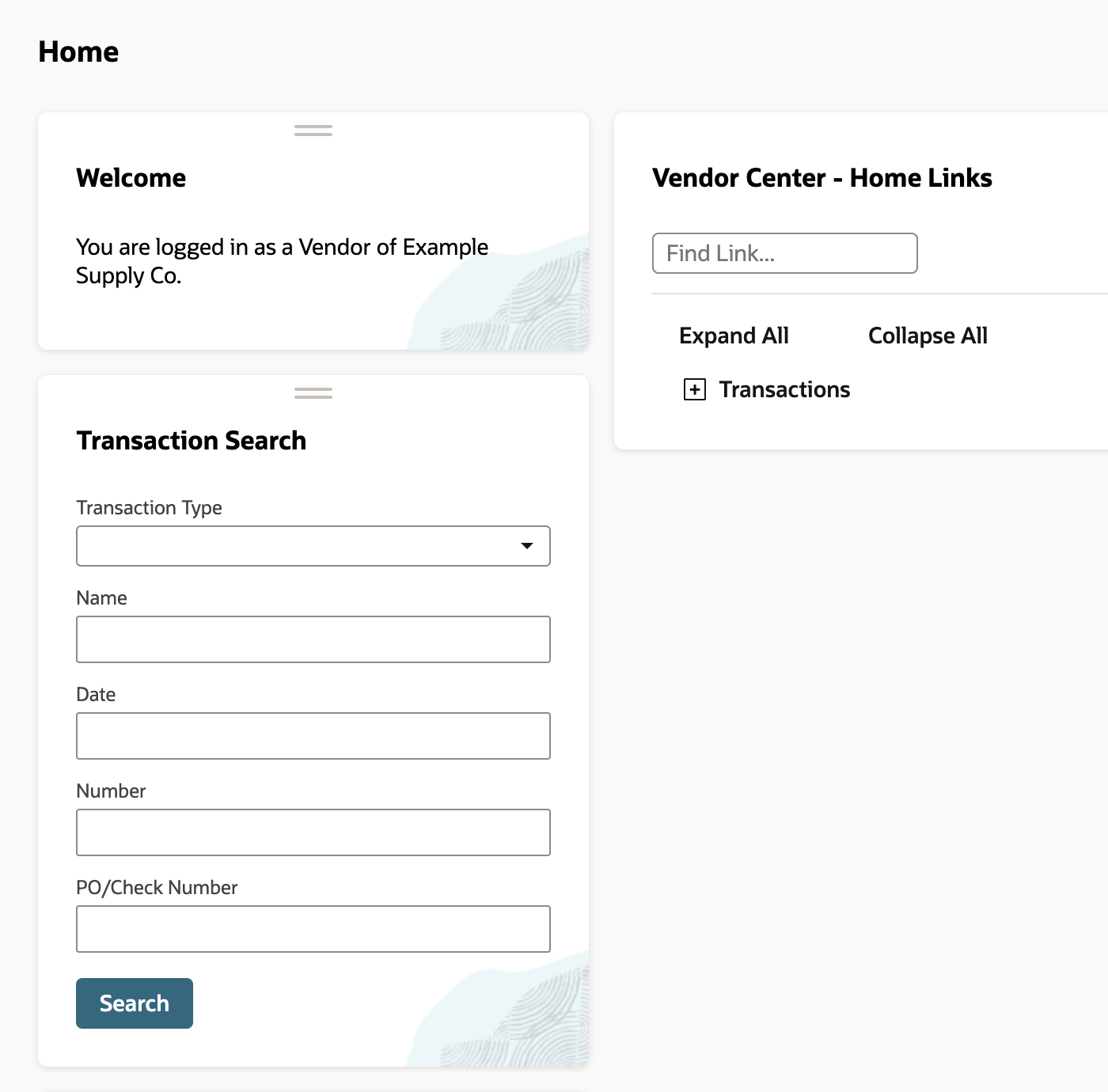Vendor Center home with the Welcome message and the Transaction Search portlet