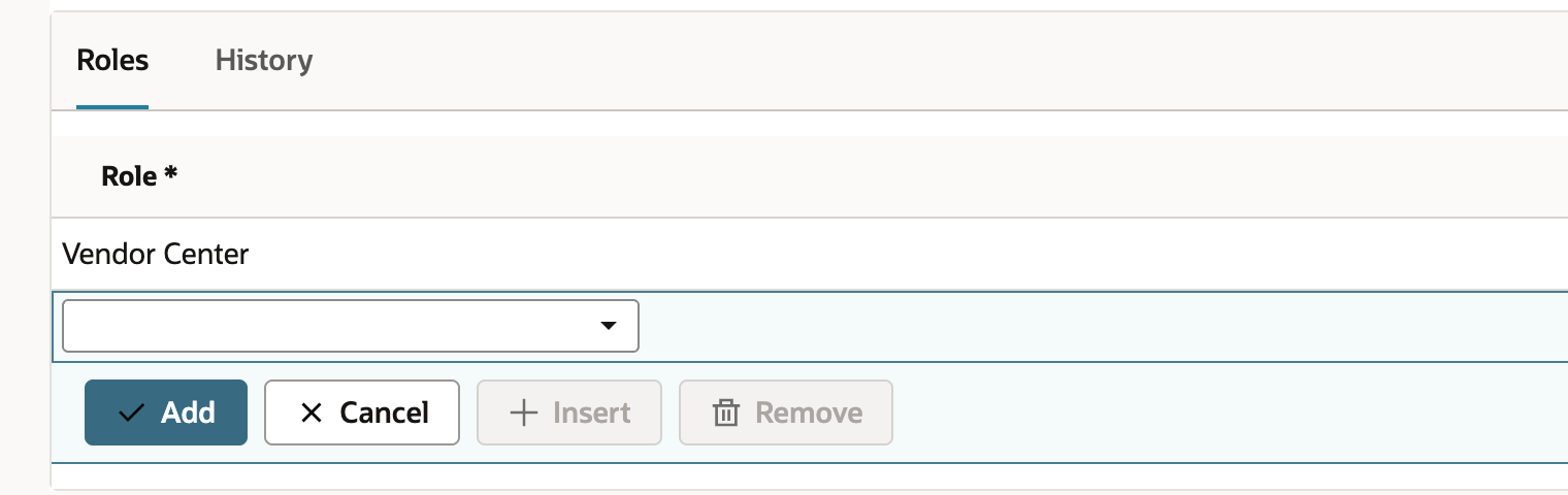 Roles sublist with a committed Vendor Center line above an empty new line