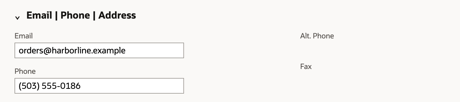 Vendor Email field showing orders@harborline.example in edit mode