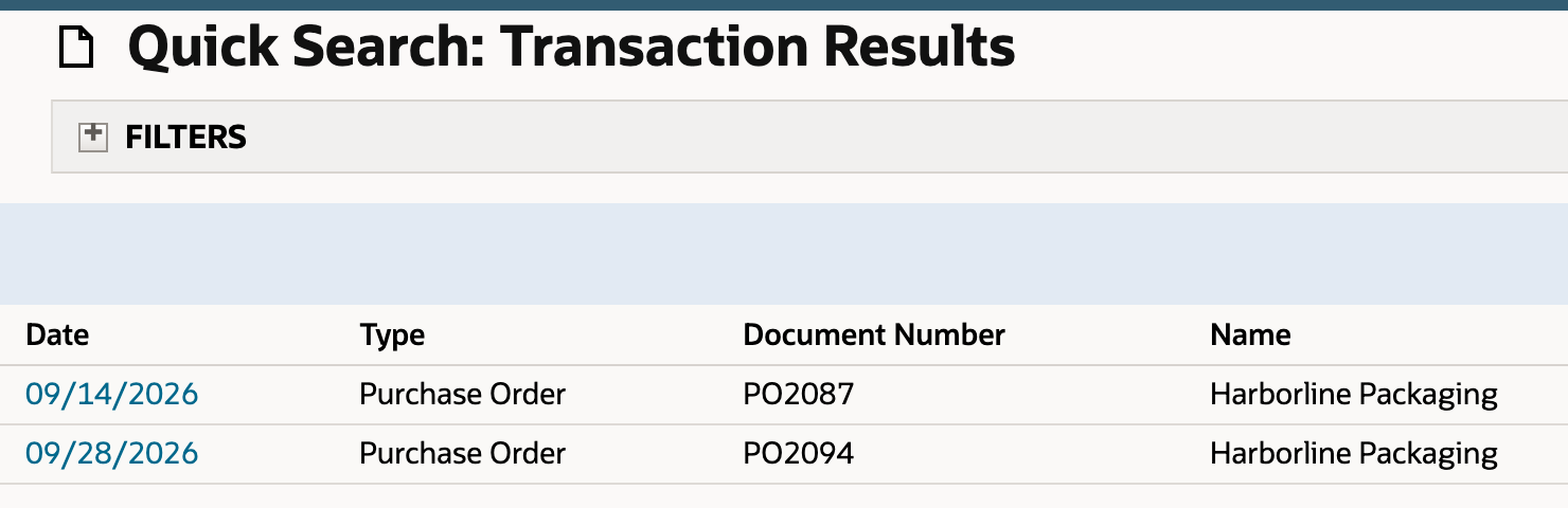 Quick Search Transaction Results listing PO2087 and PO2094 for Harborline Packaging