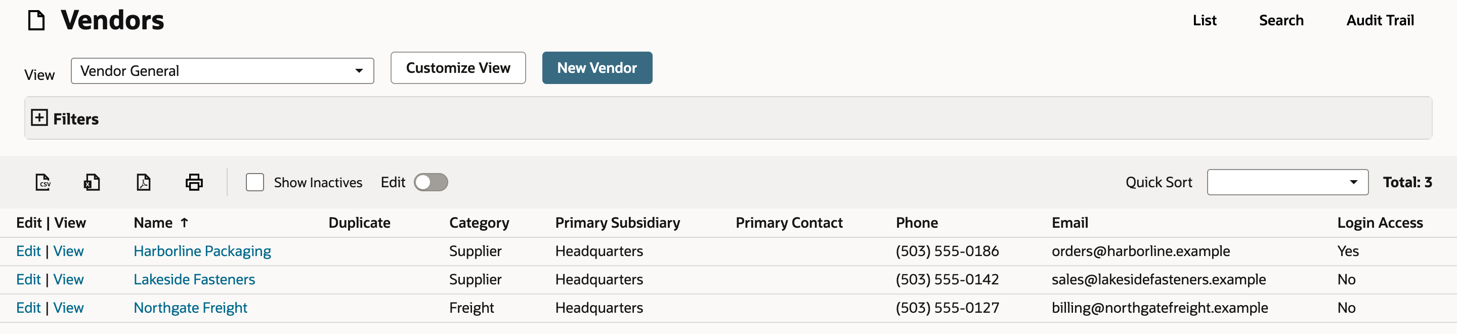 Vendors list with Harborline Packaging showing Login Access Yes