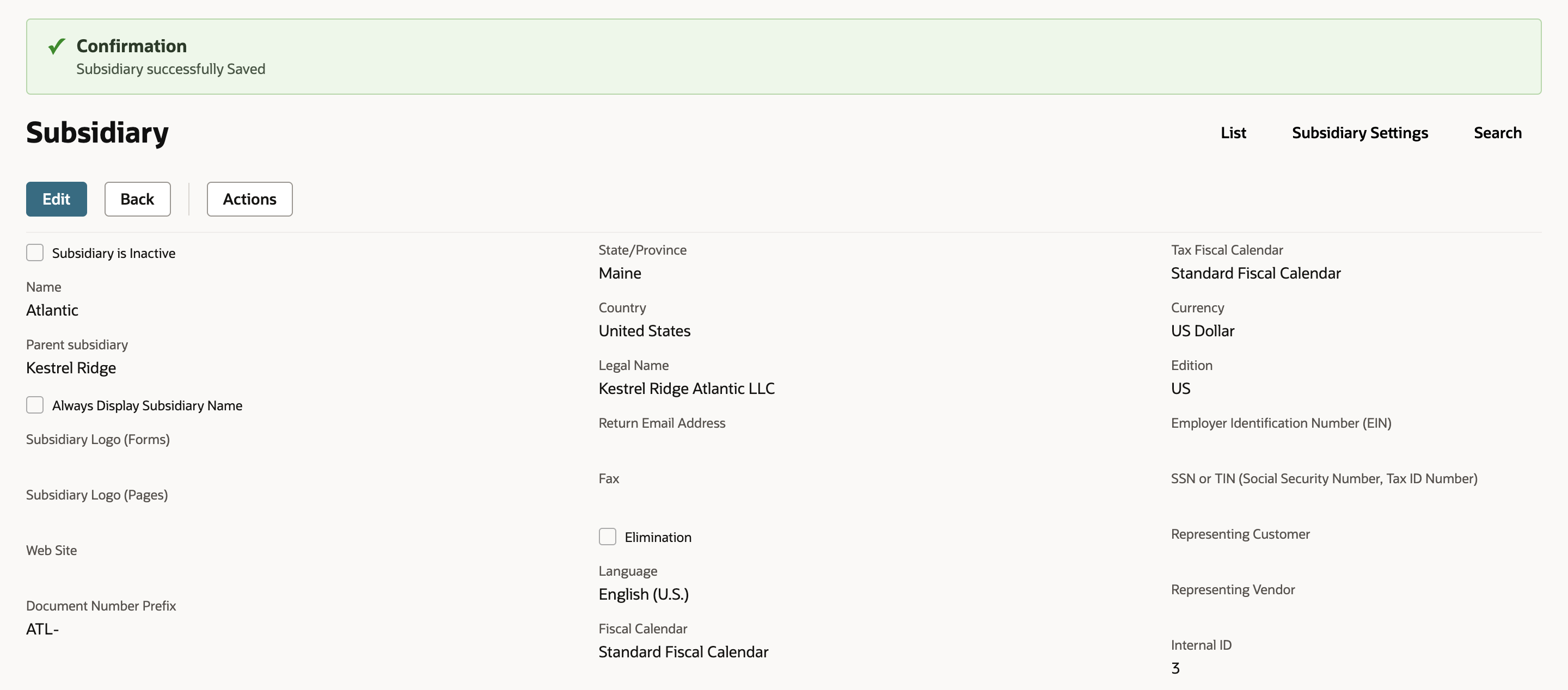 Saved Atlantic subsidiary with the confirmation Subsidiary successfully Saved, Parent subsidiary Kestrel Ridge, Legal Name Kestrel Ridge Atlantic LLC and Document Number Prefix ATL-.
