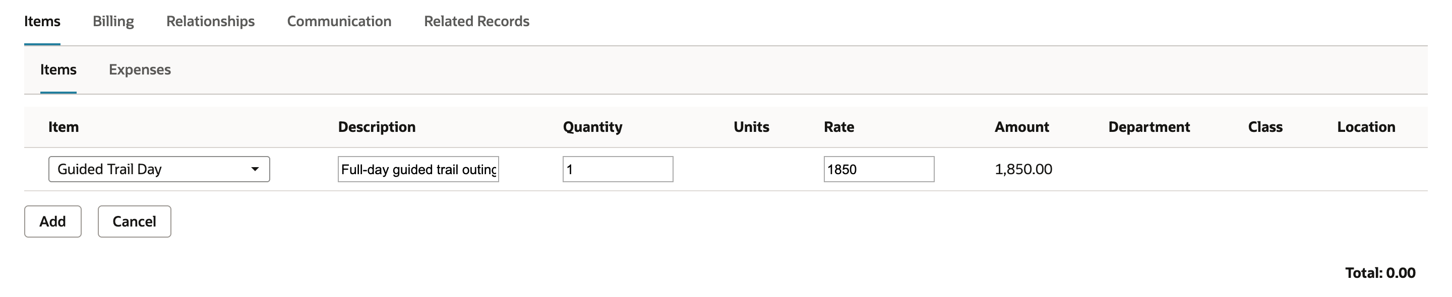Items subtab with a line for Guided Trail Day, Full-day guided trail outing, Quantity 1, Rate 1850 and Amount 1,850.00, above the Add and Cancel buttons.