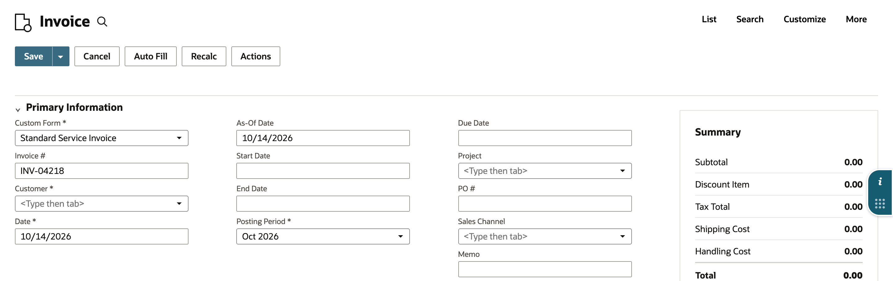 New invoice, Standard Service Invoice form, with Invoice # INV-04218 and an empty Customer field.