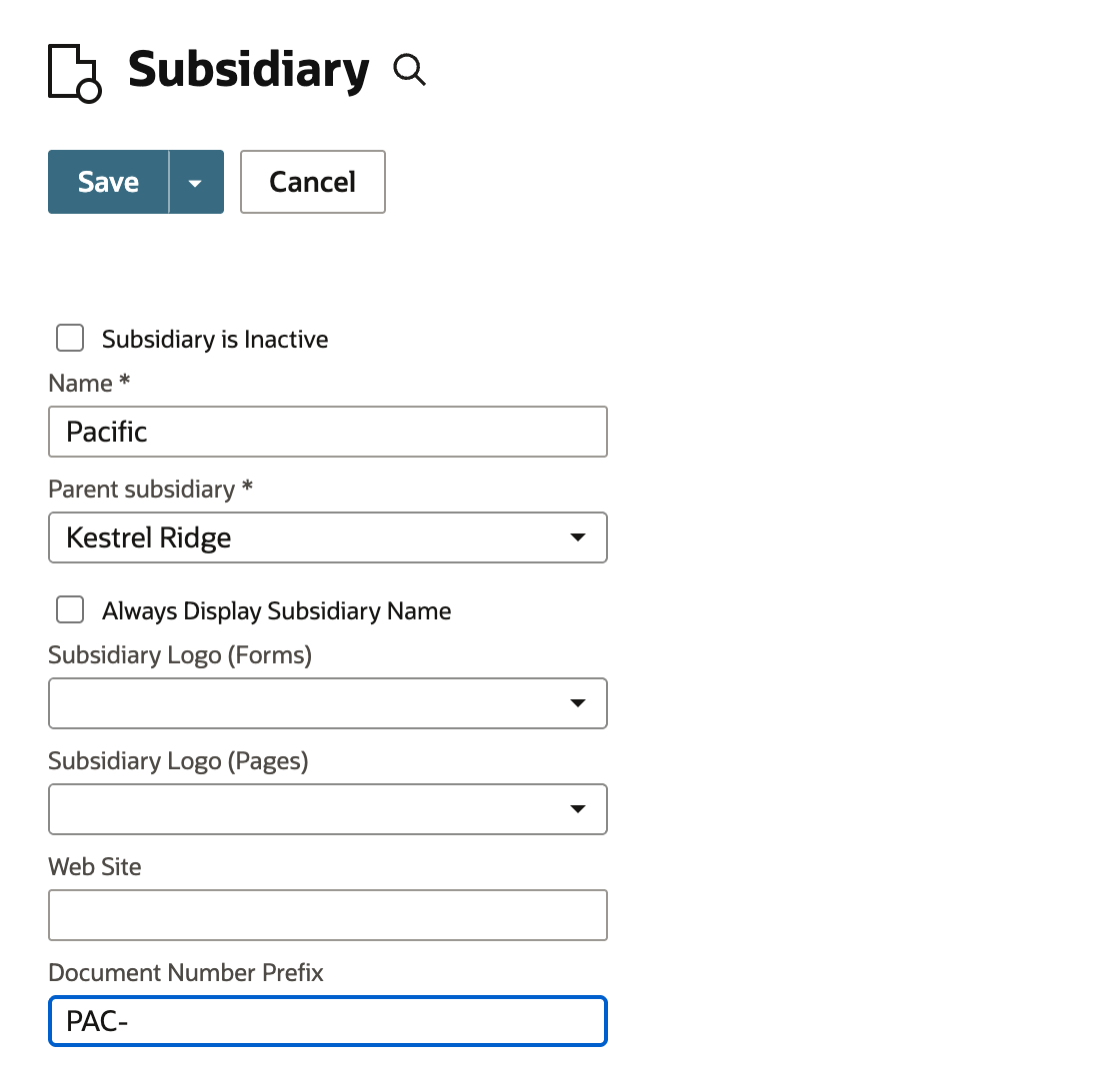 Subsidiary edit form for Pacific, Parent subsidiary Kestrel Ridge, with PAC- typed in Document Number Prefix.