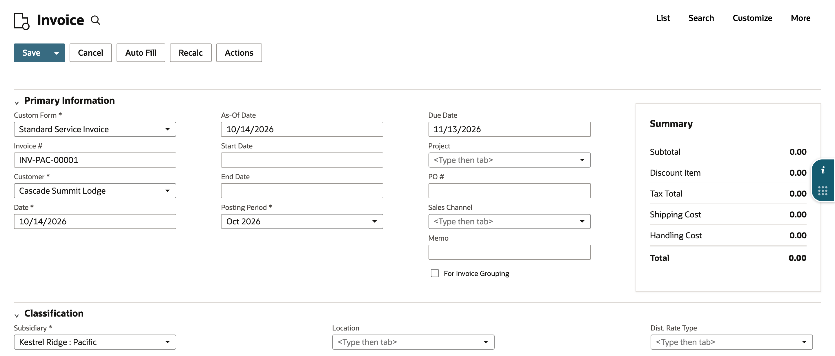 New invoice with Customer Cascade Summit Lodge, Invoice # INV-PAC-00001, and in Classification, Subsidiary Kestrel Ridge : Pacific.