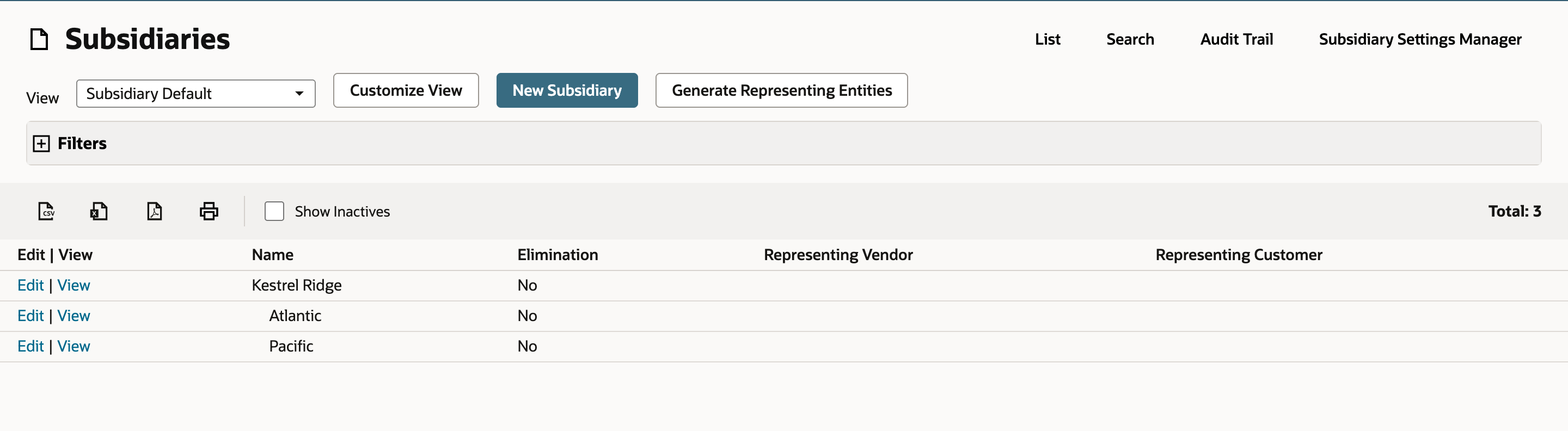 Subsidiaries list, Total 3: Kestrel Ridge, with Atlantic and Pacific indented under it, each with Edit and View links.