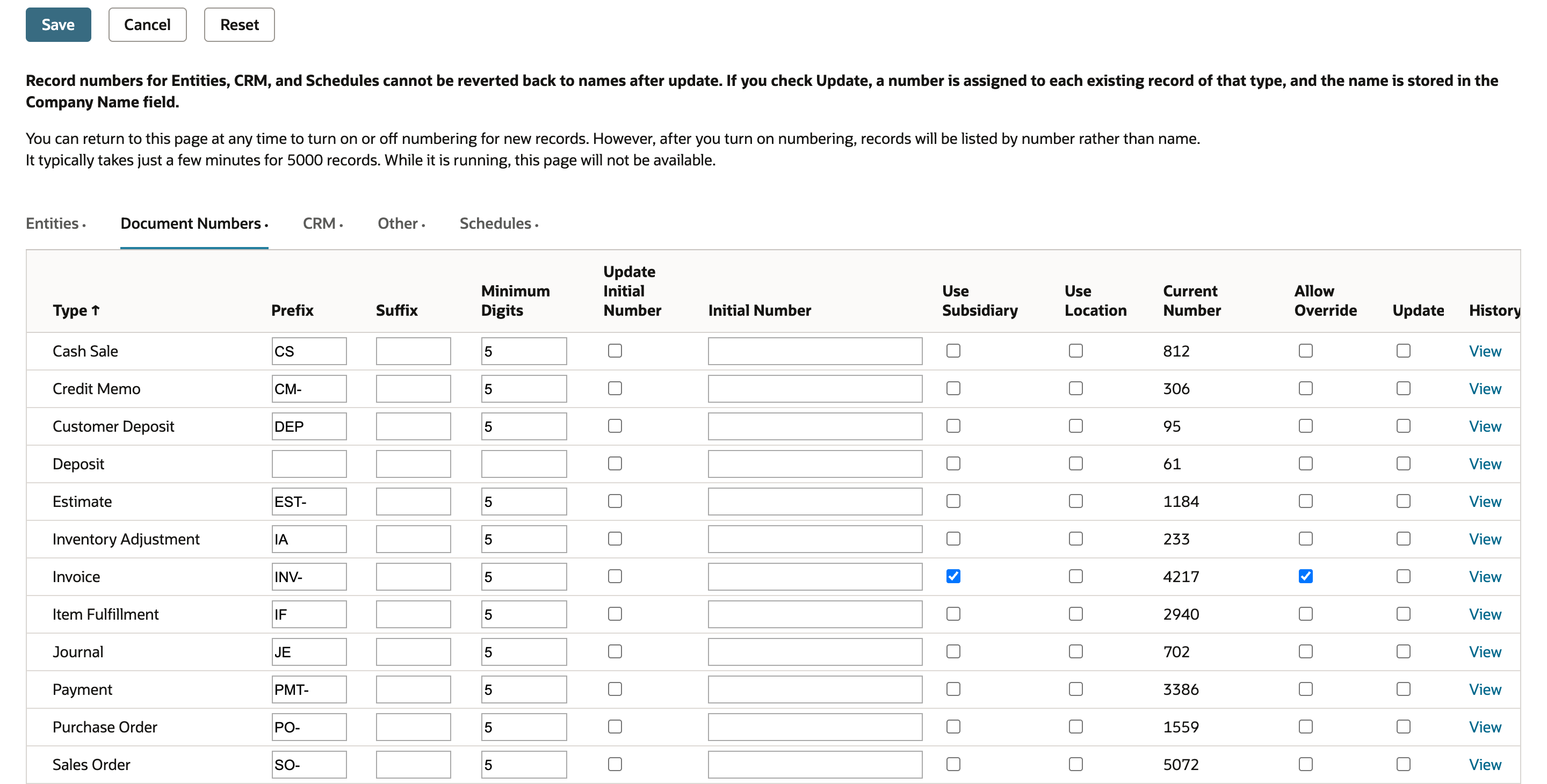 Set Up Auto-Generated Numbers with the Save button above the Document Numbers subtab. Use Subsidiary is now checked on the Invoice row; Use Location stays clear and Current Number is still 4217.