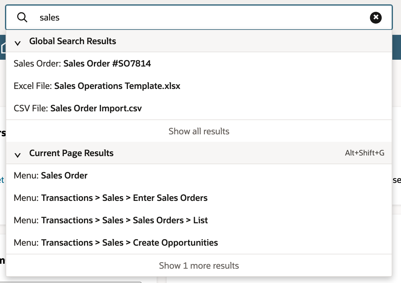 The initial sales query shows global and current-page suggestions.