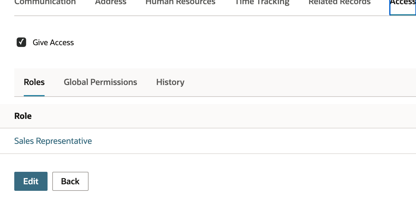 The saved Access tab retains Give Access and Sales Representative.