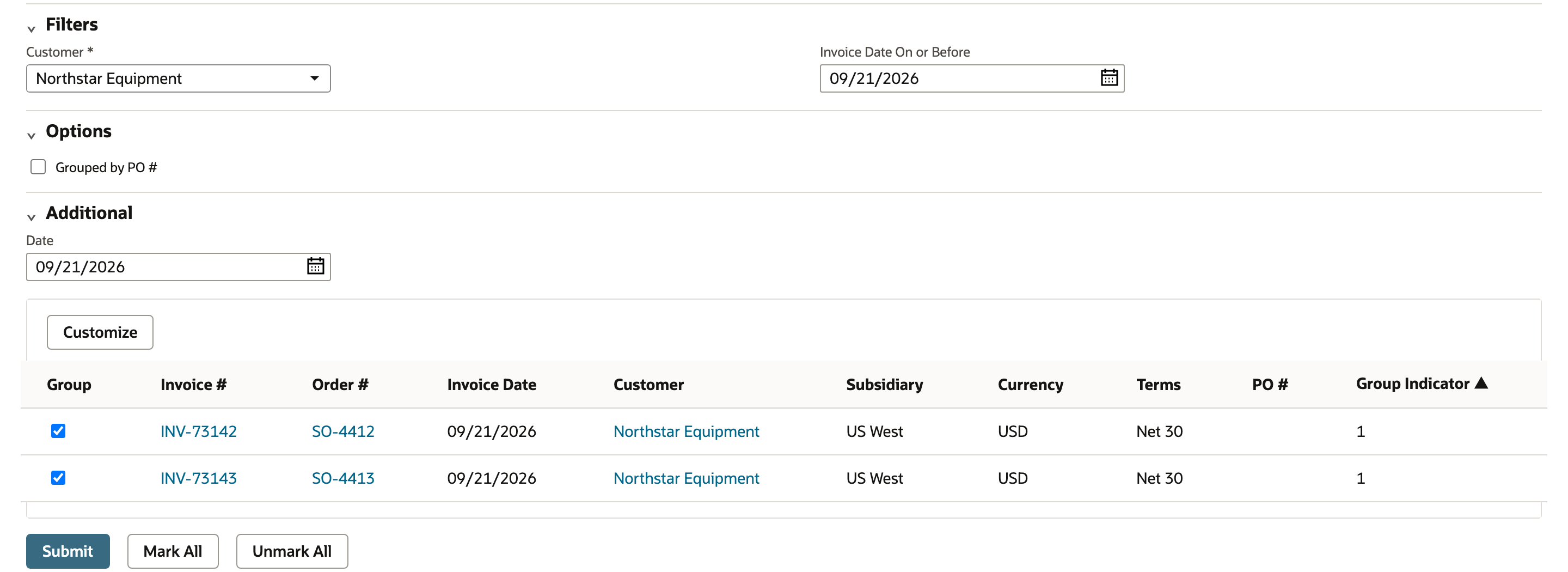 NetSuite Group Invoices page filtered to Northstar Equipment with INV-73142 from SO-4412 and INV-73143 from SO-4413 both selected, each with Group Indicator 1