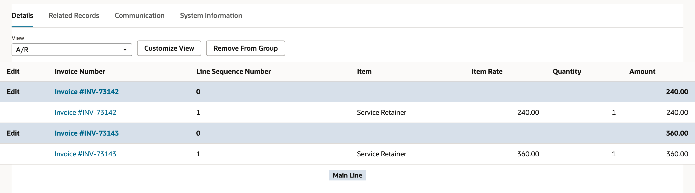NetSuite invoice group Details subtab listing Invoice #INV-73142 and Invoice #INV-73143 main lines with their Service Retainer item lines