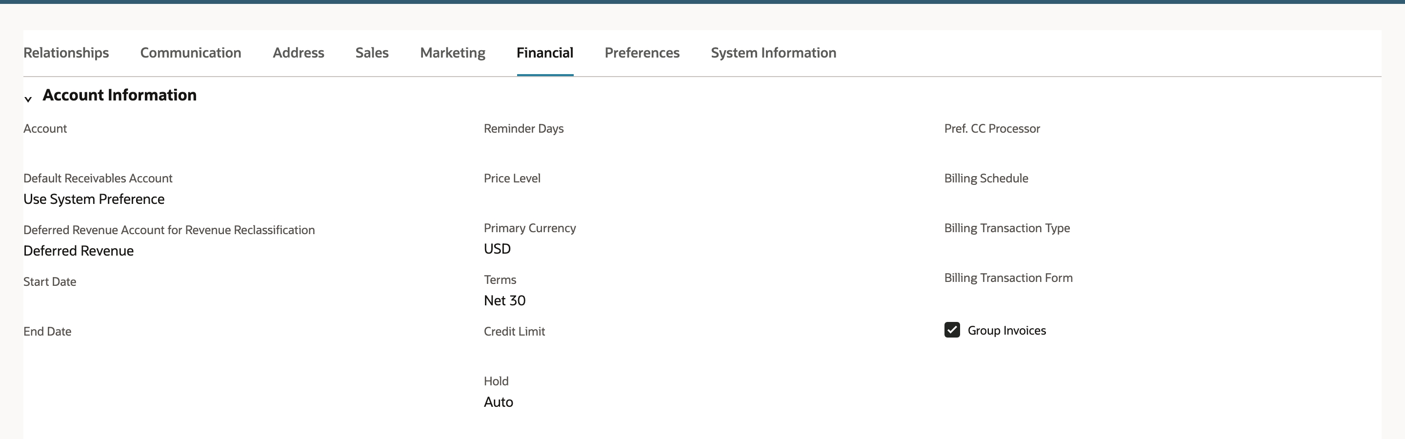 NetSuite customer Financial subtab with the Group Invoices checkbox selected under Account Information after saving