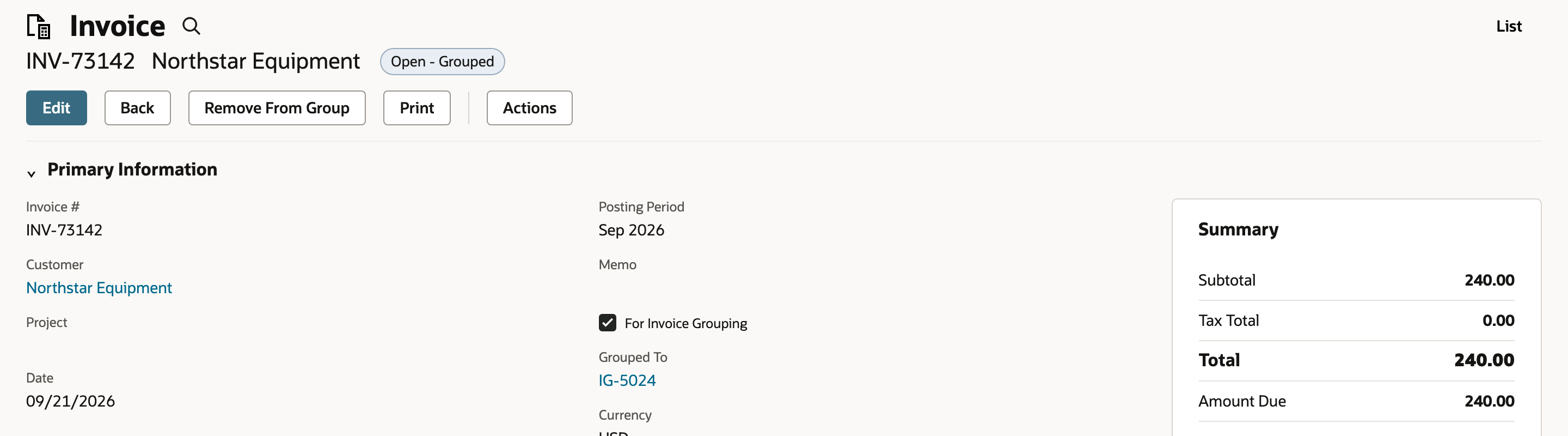NetSuite invoice INV-73142 with status Open - Grouped, Grouped To IG-5024 and a Remove From Group button