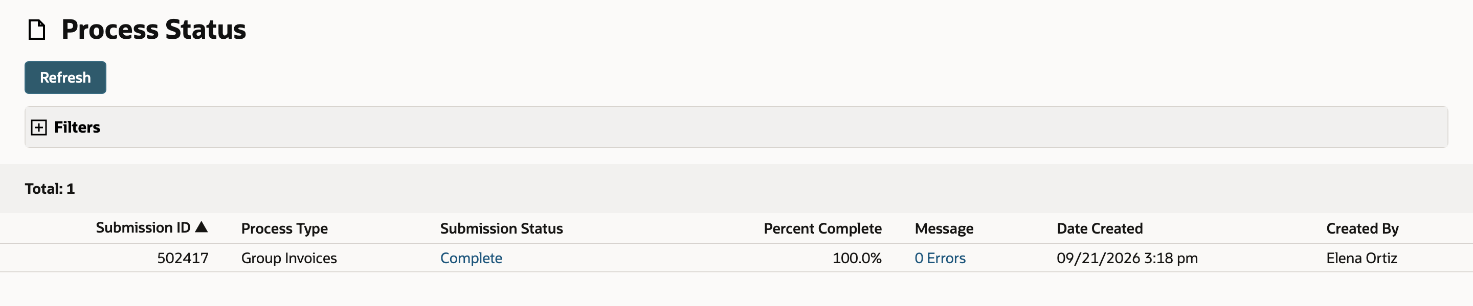 NetSuite Process Status showing the Group Invoices submission as Complete, 100.0 percent, 0 Errors