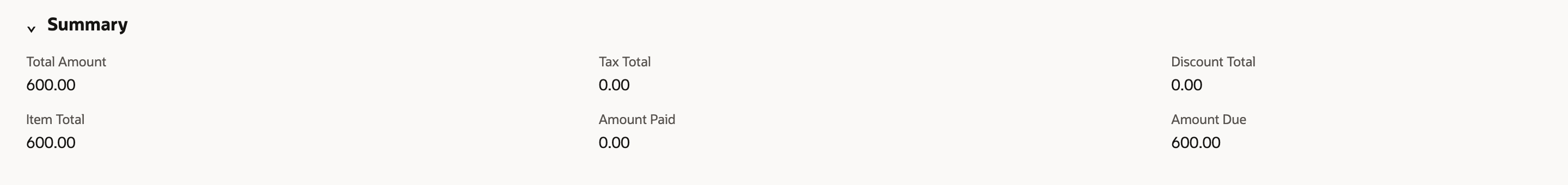 NetSuite invoice group Summary showing Total Amount, Item Total and Amount Due of 600.00 with Amount Paid 0.00