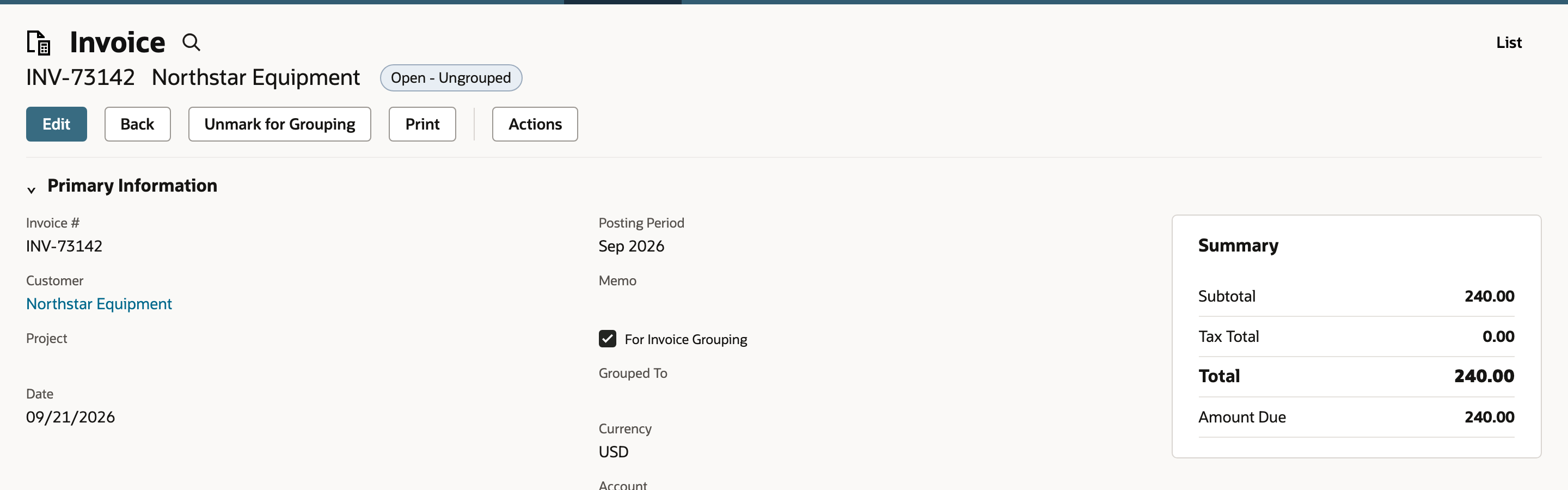 NetSuite invoice INV-73142 for Northstar Equipment with status Open - Ungrouped, For Invoice Grouping selected, an empty Grouped To field and an Unmark for Grouping button