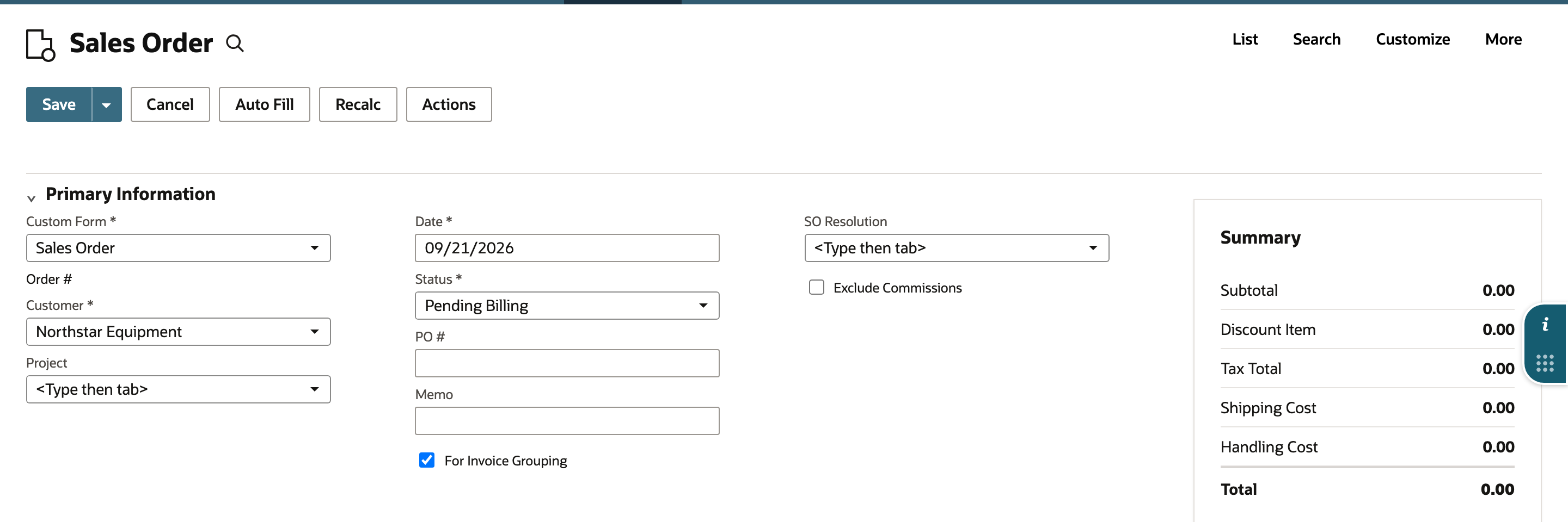 NetSuite sales order entry form for Northstar Equipment with For Invoice Grouping already selected and Status Pending Billing