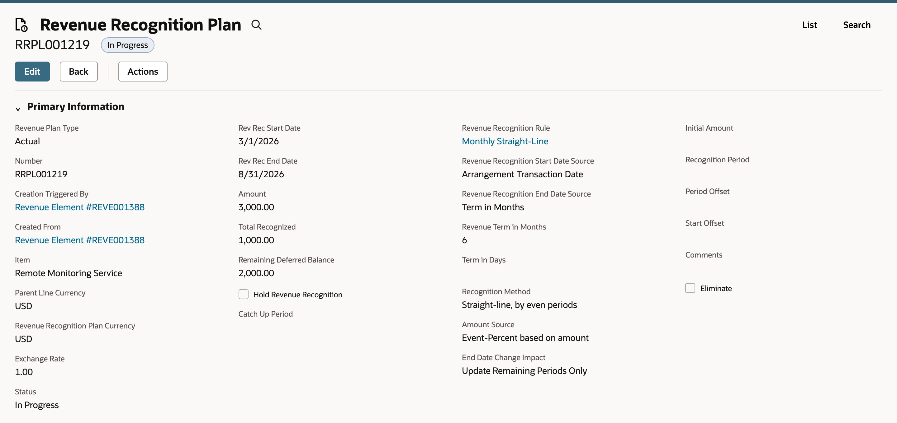 Revenue plan RRPL001219 with Status In Progress, Amount 3,000.00, Total Recognized 1,000.00, Remaining Deferred Balance 2,000.00 and the Hold Revenue Recognition box cleared, marked by a red arrow.
