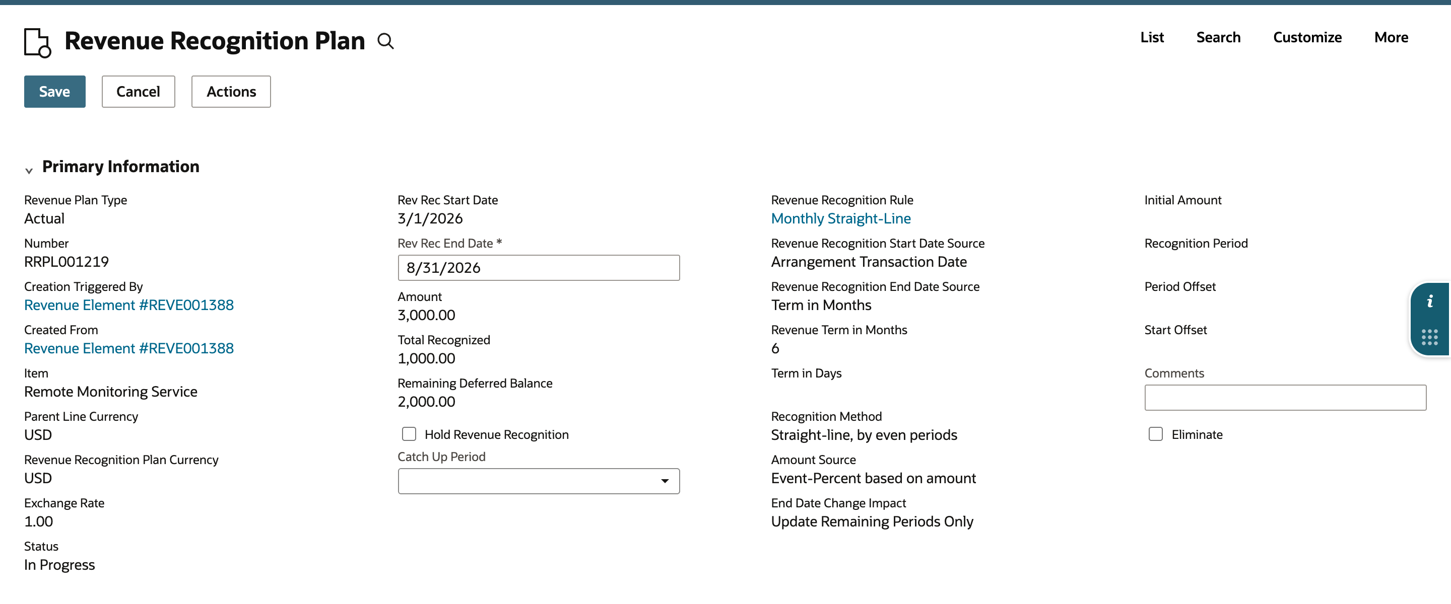 Revenue plan in Edit. Rev Rec Start Date 3/1/2026, marked by a red arrow, and Revenue Recognition Rule are plain read-only values, while Rev Rec End Date and Comments are fields. Hold Revenue Recognition is cleared and Catch Up Period is empty.