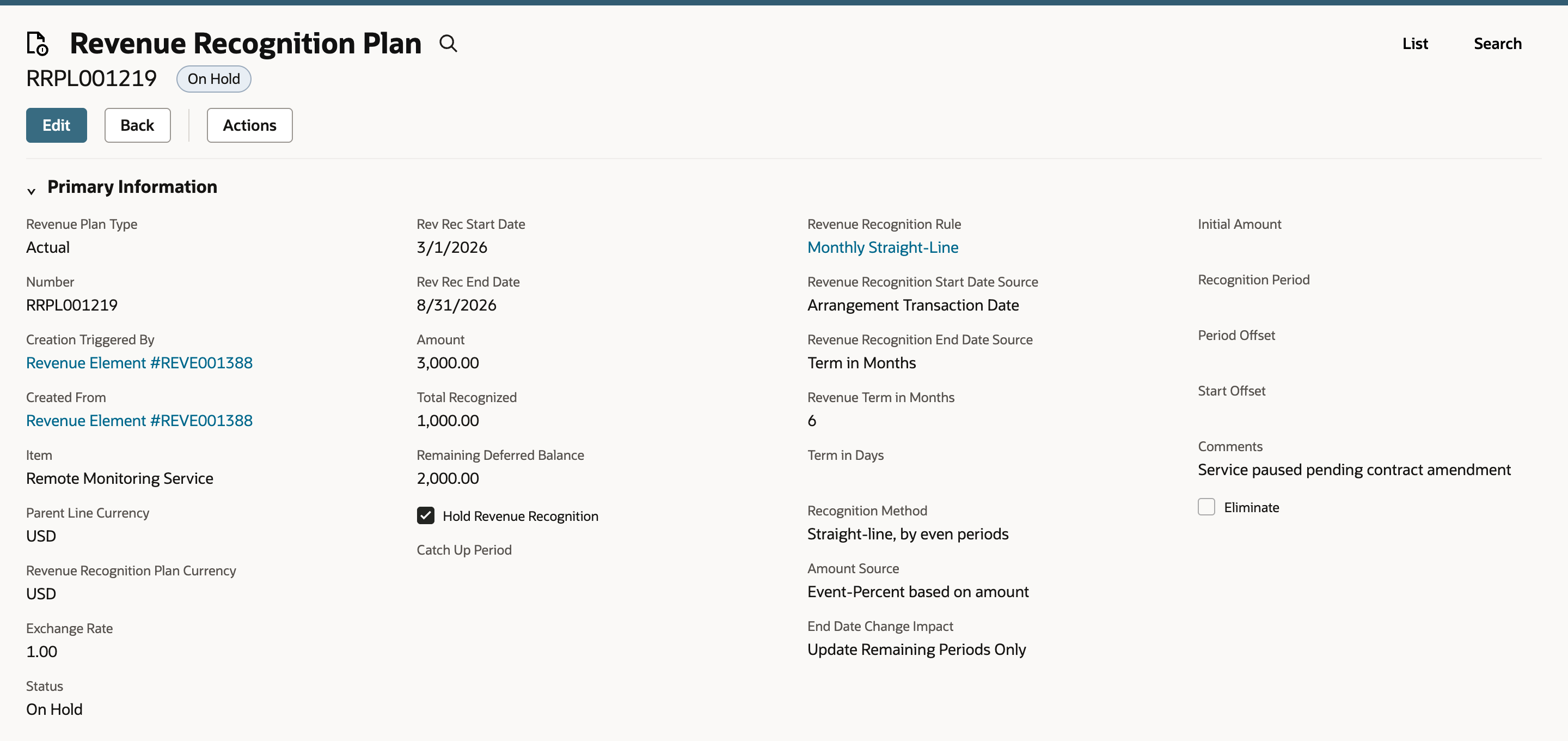 Saved revenue plan RRPL001219 with an On Hold status badge marked by a red arrow, Hold Revenue Recognition checked, Total Recognized 1,000.00 and Remaining Deferred Balance 2,000.00.
