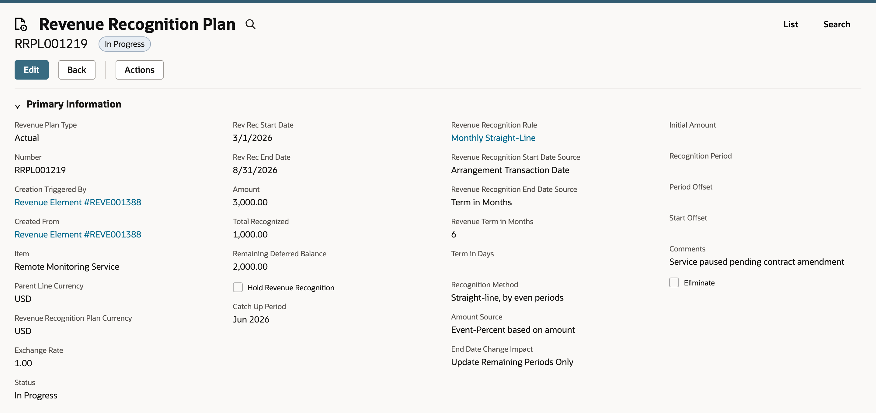 Saved revenue plan RRPL001219 with Status In Progress, Hold Revenue Recognition cleared, Catch Up Period Jun 2026 marked by a red arrow, Total Recognized 1,000.00 and Remaining Deferred Balance 2,000.00.