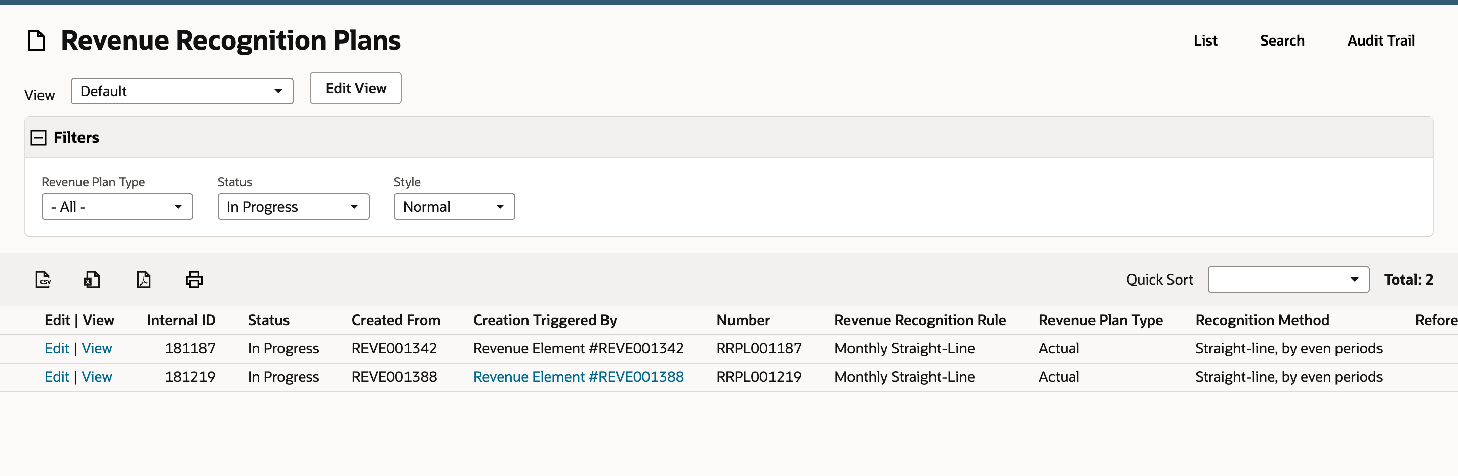 Revenue Recognition Plans list filtered to Status In Progress, showing plans RRPL001187 and RRPL001219, with a red arrow pointing at the View link on RRPL001219.