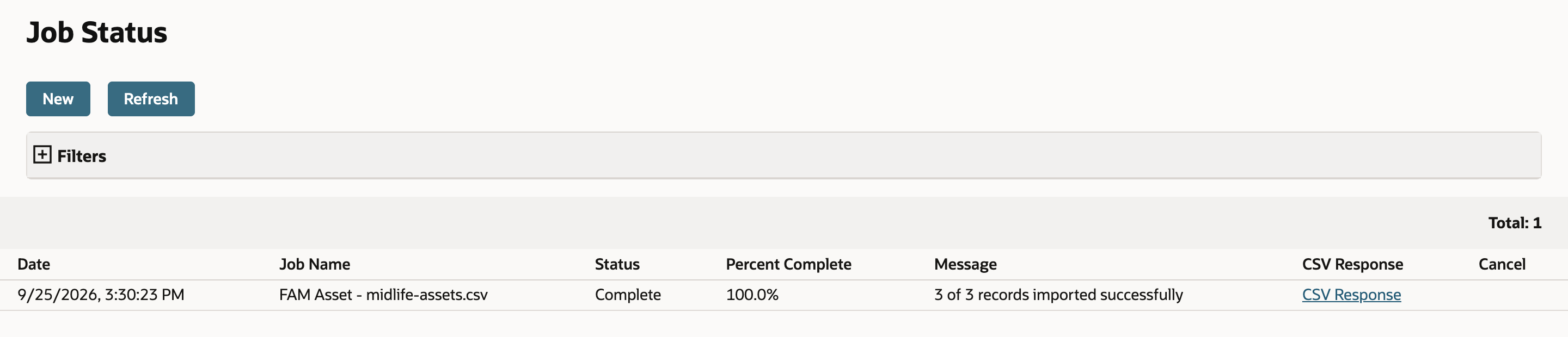 Job Status: FAM Asset - midlife-assets.csv, Status Complete, 100.0%, Message 3 of 3 records imported successfully.
