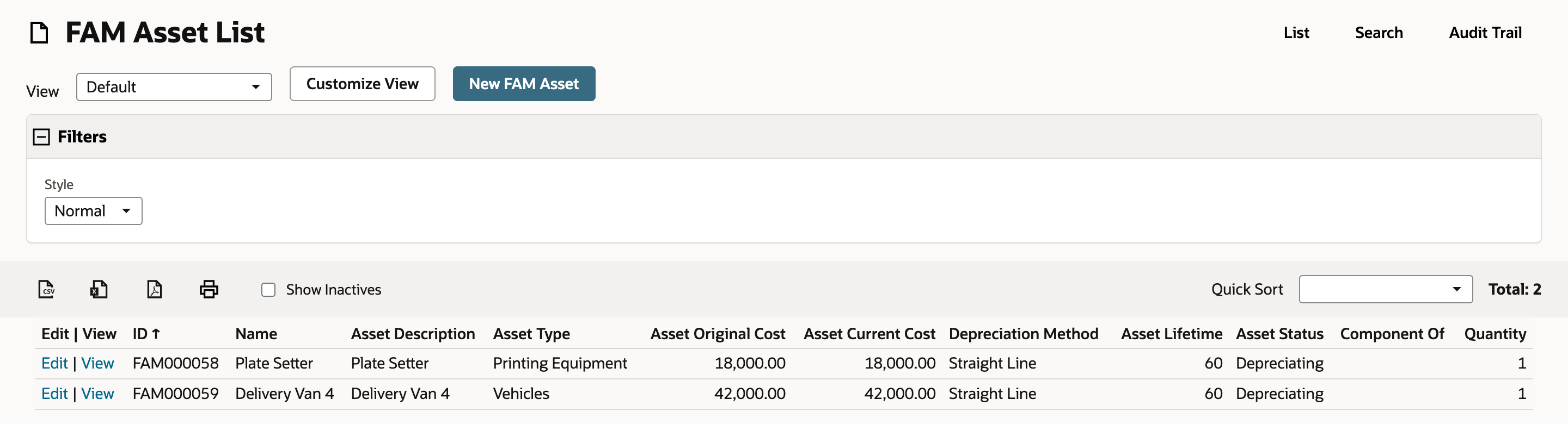 FAM Asset List before the import with two assets: FAM000058 Plate Setter, Printing Equipment, 18,000.00, and FAM000059 Delivery Van 4, Vehicles, 42,000.00, both Depreciating. Total: 2.