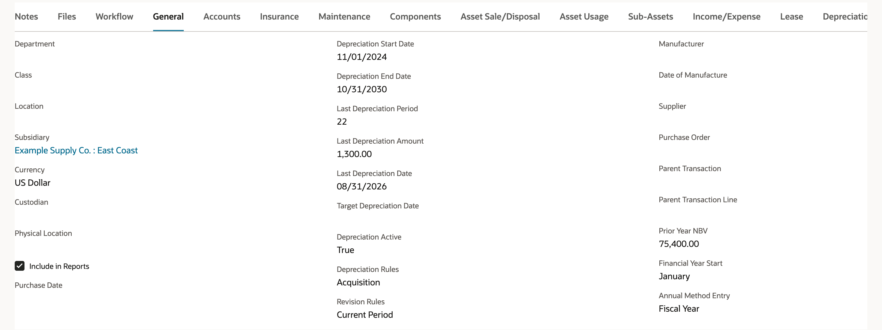 General subtab of FAM000061: Subsidiary Example Supply Co. : East Coast, Depreciation Start Date 11/01/2024, Depreciation End Date 10/31/2030, Last Depreciation Period 22, Last Depreciation Amount 1,300.00, Last Depreciation Date 08/31/2026, Prior Year NBV 75,400.00. An arrow points to 10/31/2030.