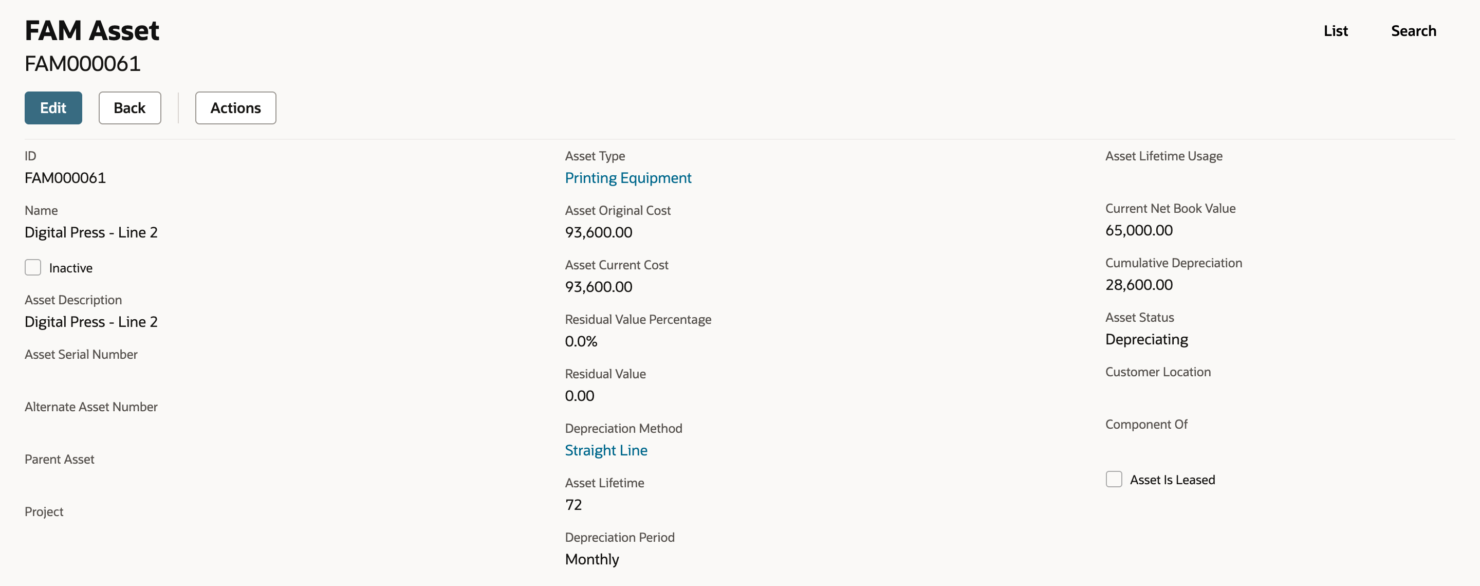 FAM Asset FAM000061, Digital Press - Line 2: Asset Original Cost 93,600.00, Asset Current Cost 93,600.00, Residual Value 0.00, Depreciation Method Straight Line, Asset Lifetime 72, Current Net Book Value 65,000.00, Cumulative Depreciation 28,600.00, Asset Status Depreciating. An arrow points to 28,600.00.