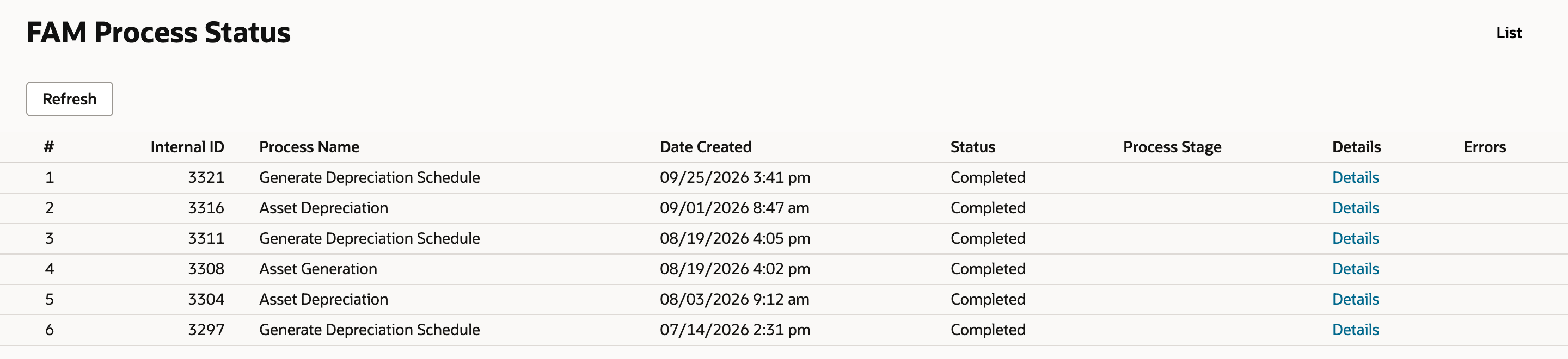 FAM Process Status: row 1, Internal ID 3321, Generate Depreciation Schedule, 09/25/2026 3:41 pm, Status Completed, above earlier completed processes.