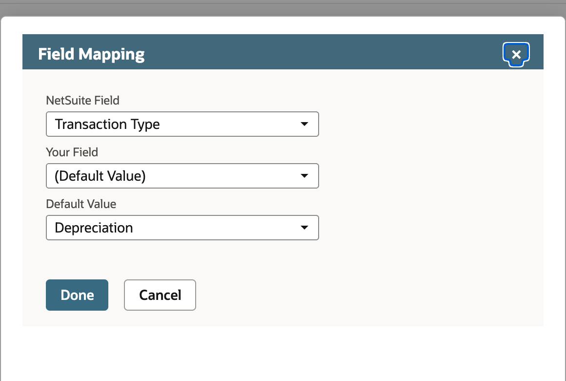 Field Mapping dialog for the history import: NetSuite Field Transaction Type, Your Field (Default Value), and Default Value Depreciation, and Done and Cancel buttons.