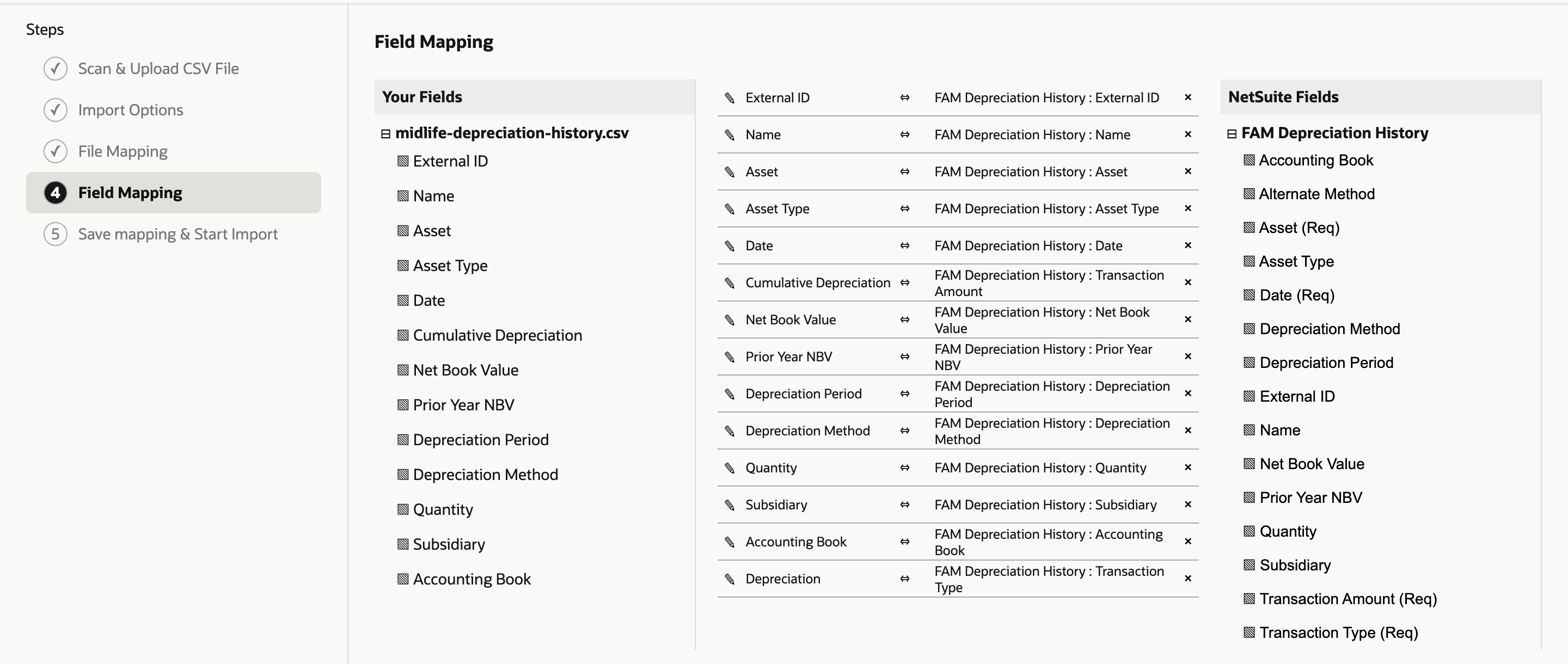 Field Mapping for FAM Depreciation History: Cumulative Depreciation maps to FAM Depreciation History : Transaction Amount, and a Depreciation default maps to FAM Depreciation History : Transaction Type, below the other mapped columns.