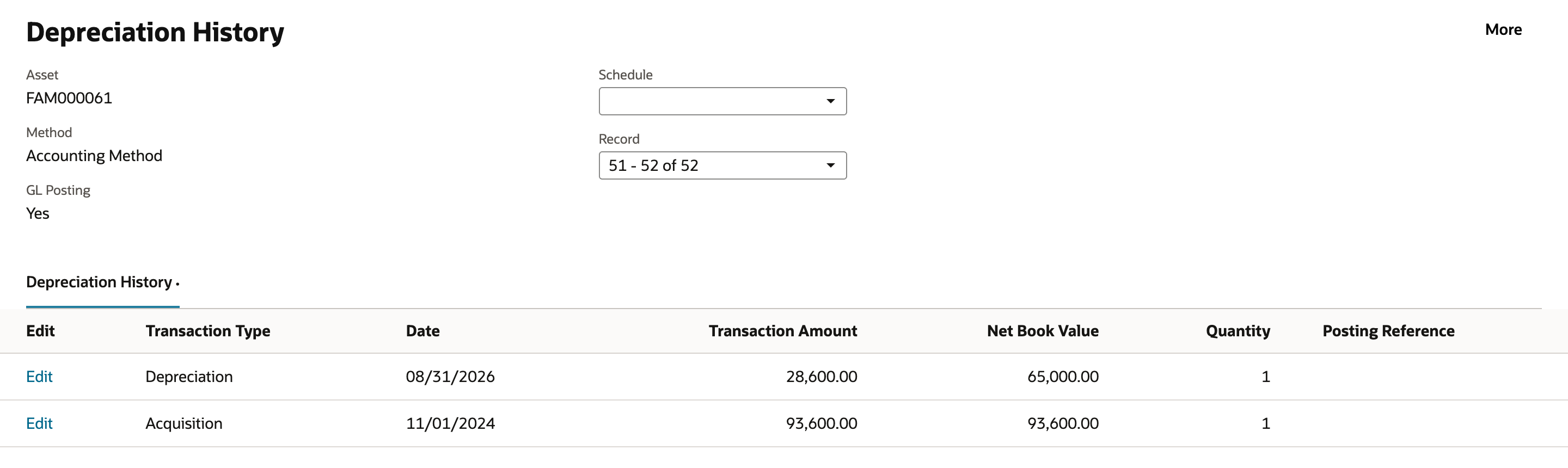 Depreciation History with Record 51 - 52 of 52: the imported Depreciation 08/31/2026, 28,600.00, Net Book Value 65,000.00, and the Acquisition 11/01/2024, 93,600.00, both without a Posting Reference.