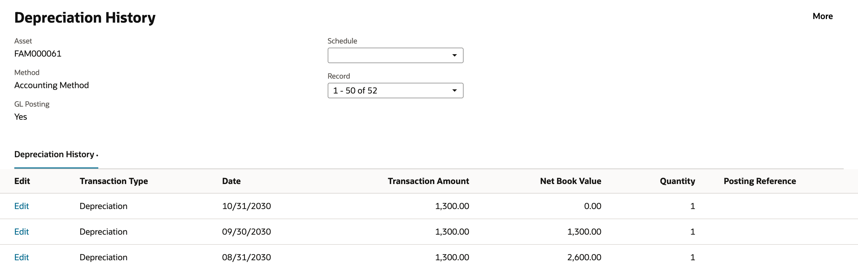 Depreciation History for FAM000061 after the precompute: Record 1 - 50 of 52; newest first, 10/31/2030 Depreciation 1,300.00 Net Book Value 0.00, then 09/30/2030 at 1,300.00, 08/31/2030 at 2,600.00 and earlier months.