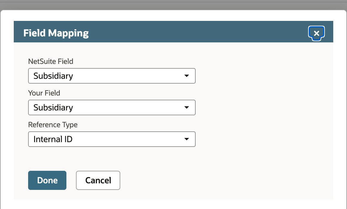 Field Mapping dialog for the asset import: NetSuite Field Subsidiary, Your Field Subsidiary, Reference Type Internal ID, with Done and Cancel buttons.