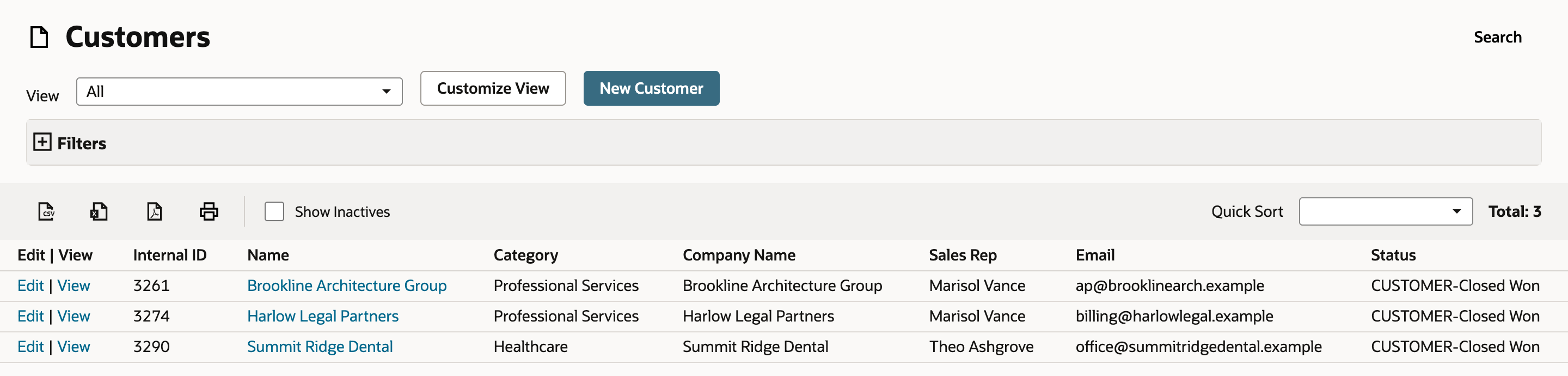The Customers list with three customers; Brookline Architecture Group has Internal ID 3261.