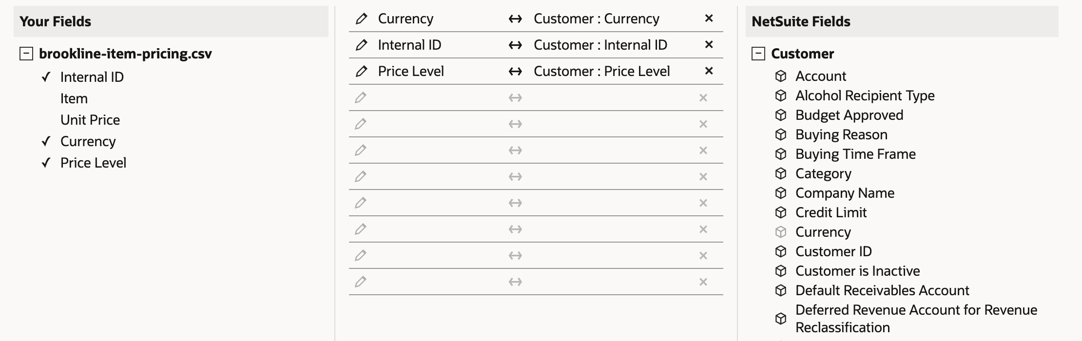 The proposed field mapping with three rows: Currency to Customer : Currency, Internal ID to Customer : Internal ID and Price Level to Customer : Price Level. Item and Unit Price have no check mark under Your Fields.
