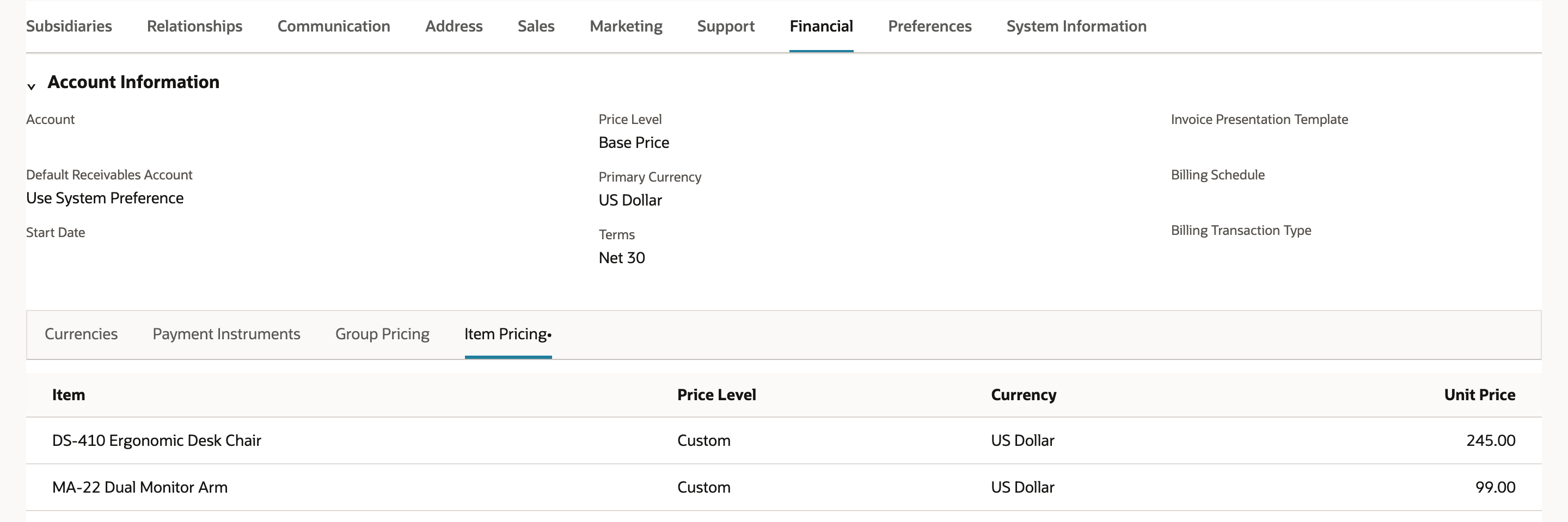 The Financial tab of Brookline Architecture Group with Price Level still Base Price, and Item Pricing listing DS-410 Ergonomic Desk Chair Custom US Dollar 245.00 and MA-22 Dual Monitor Arm Custom US Dollar 99.00.