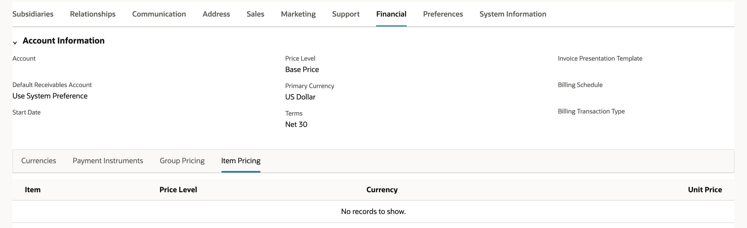 The Financial tab of Brookline Architecture Group with Price Level Base Price and Primary Currency US Dollar, and an empty Item Pricing subtab with columns Item, Price Level, Currency and Unit Price.