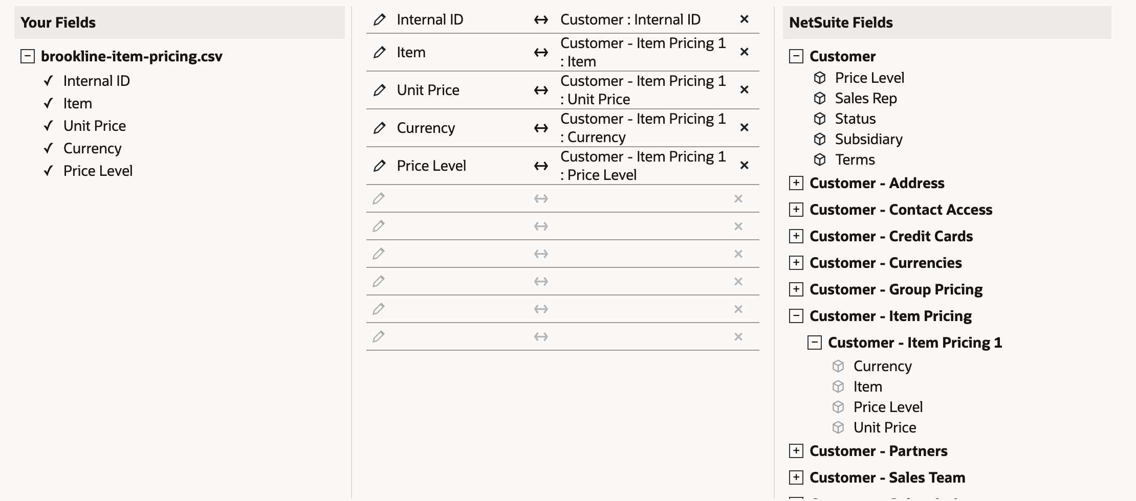 The field mapping with Internal ID to Customer : Internal ID and four rows into Customer - Item Pricing 1: Item, Unit Price, Currency and Price Level. The NetSuite Fields tree shows Customer - Item Pricing 1 open under Customer - Item Pricing.